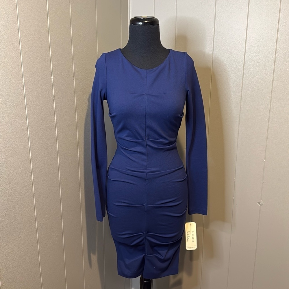 Nwt Artelier Nicole Miller Women P/Xs Fitted Pleated Dress Skinny Long Sleeve